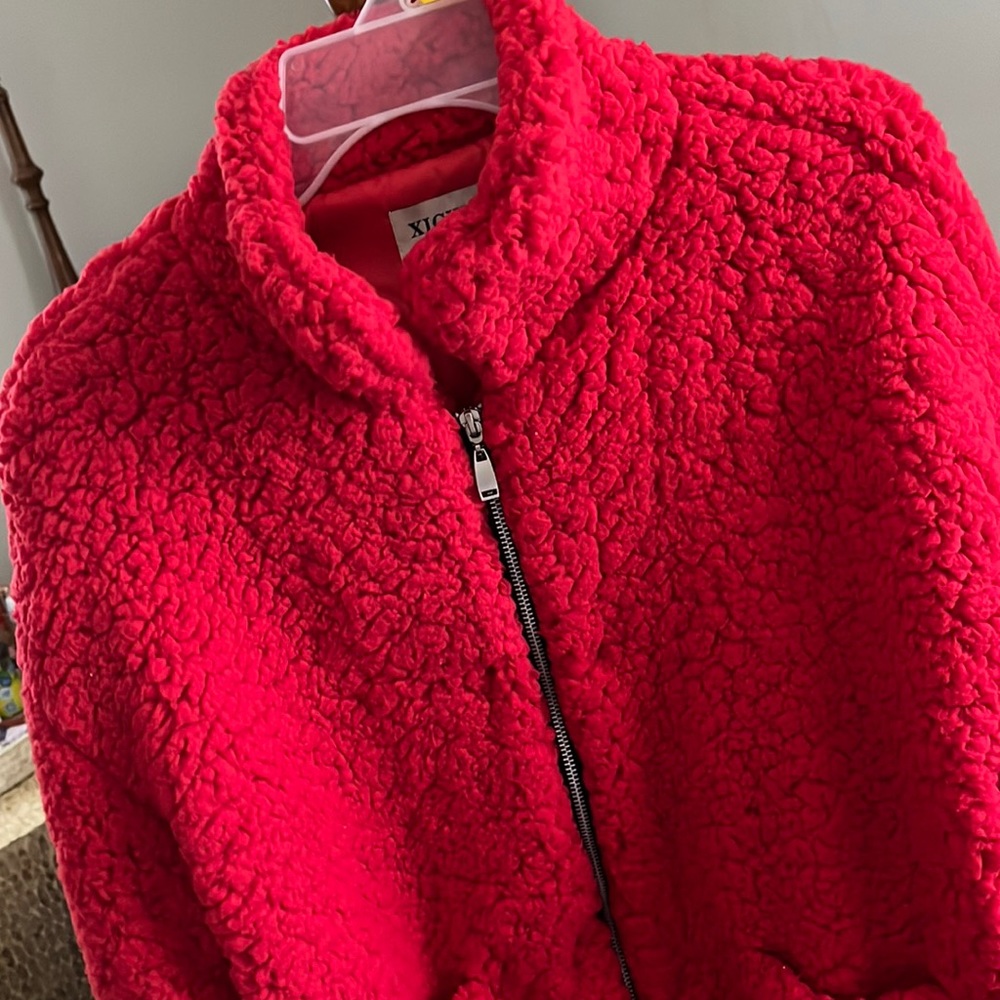 Red cozy furry jacket!!